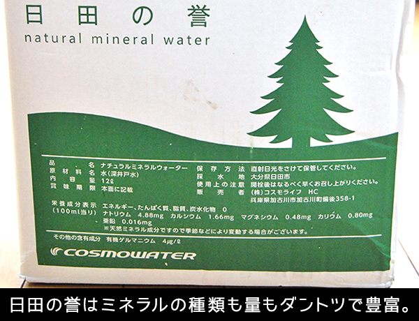 日田の誉はミネラルの種類も量もダントツで豊富。