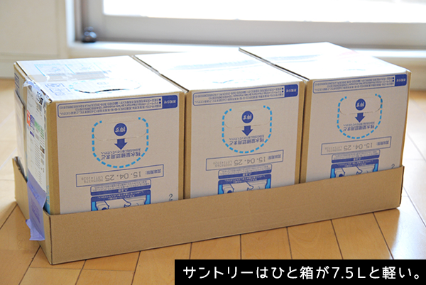 サントリーはひと箱が7.5Lと軽い。